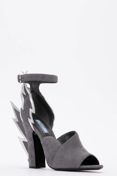 Shop Prada Thunderbolt Detail Ankle Strap Sandals In Grey
