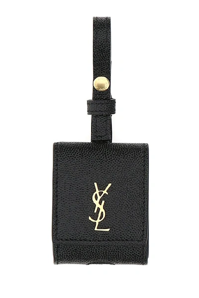 Shop Saint Laurent Logo Monogram Airpods Case In Black