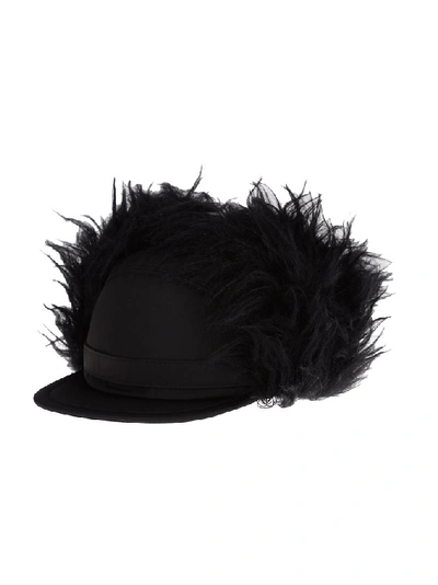 Shop Prada Fur Trim Flap Cap In Black