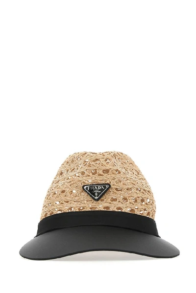 Shop Prada Logo Plaque Wicker Hat In Multi