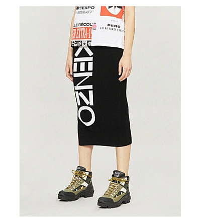 Shop Kenzo Branded Cotton-blend Knit Midi Skirt In Black