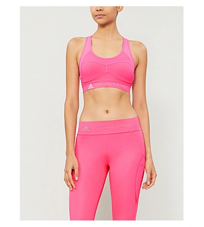 Shop Adidas By Stella Mccartney Performance Essentials Logo-print Stretch-jersey Sports Bra In Sopink