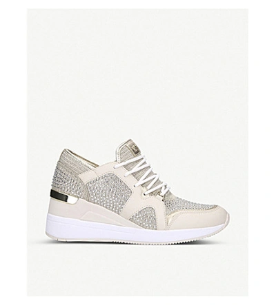 Shop Michael Michael Kors Liv Leather And Canvas Wedge Heel Trainers In Gold
