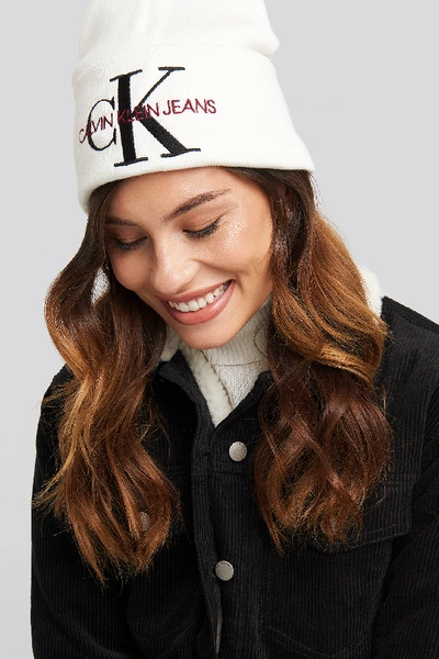 Shop Calvin Klein J Basic Women Knitted Beanie Hat - White In Bright White