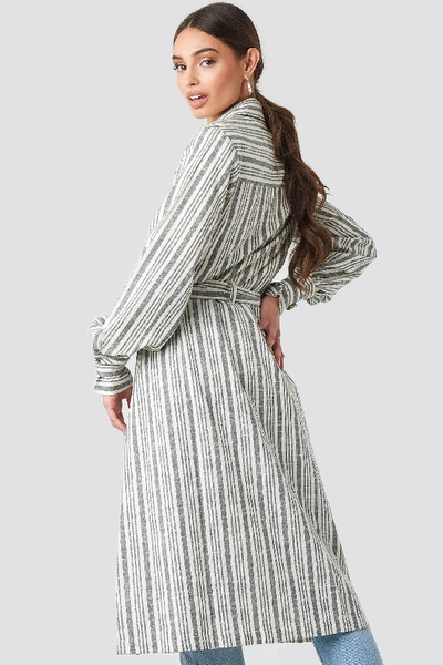 Shop Na-kd Striped Linen Look Trench Coat Grey In Blue/white