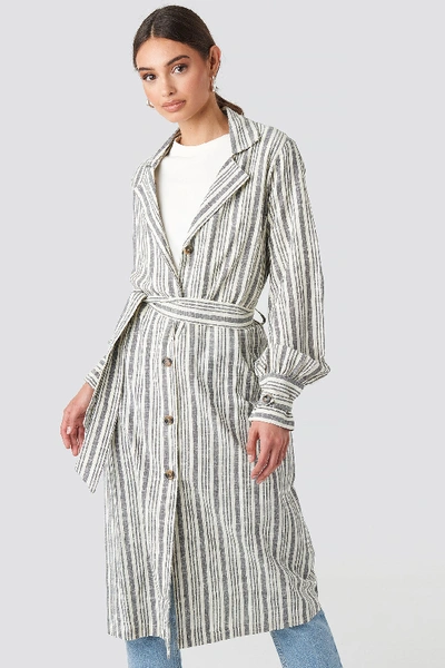 Shop Na-kd Striped Linen Look Trench Coat Grey In Blue/white