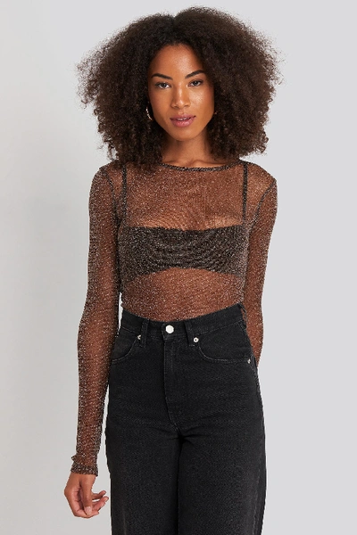 Na-kd Long Sleeve Glitter Mesh Top - Brown | ModeSens