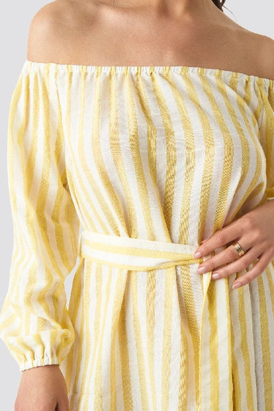 Shop Na-kd Striped Off Shoulder Tied Waist Dress - Yellow In Yellow White Stripes