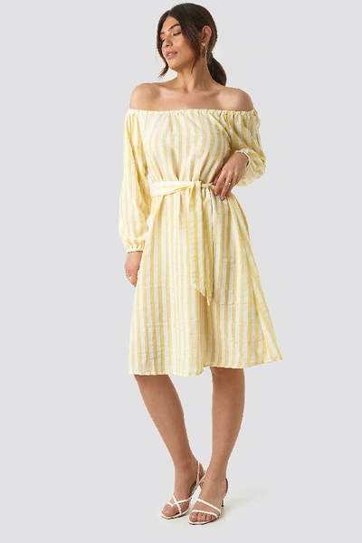 Shop Na-kd Striped Off Shoulder Tied Waist Dress - Yellow In Yellow White Stripes