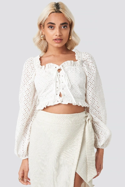 Shop Afj X Na-kd Broderie Anglais Crop Top - White In Stone