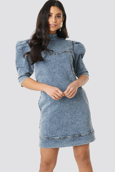 Shop Na-kd Puff Sleeve Denim Mini Dress - Blue In Light Blue