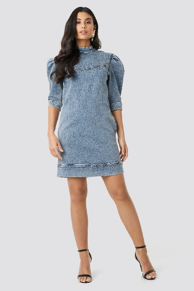 Shop Na-kd Puff Sleeve Denim Mini Dress - Blue In Light Blue