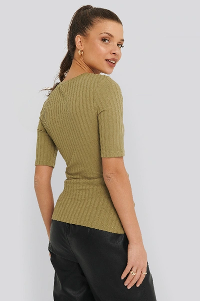 Shop Na-kd High Round Neck Ribbed Tee - Green In Khaki