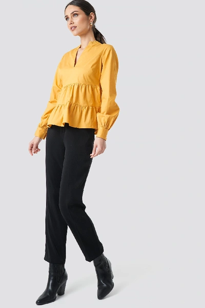 Shop Na-kd V-neck Volume Sleeve Top - Yellow In Mustard Yellow