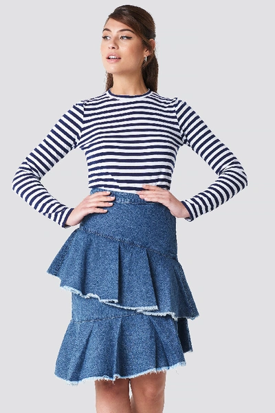 Shop Na-kd Flounce Denim Skirt Blue In Mid Blue