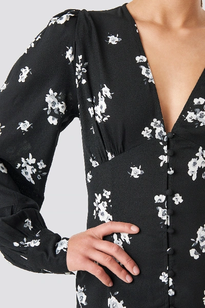 Shop Na-kd Printed Deep V-neck Front Button Dress - Black In Black/white Flower Print
