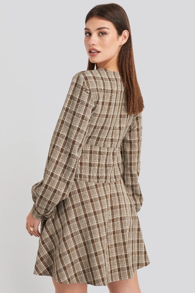 Shop Karo Kauer X Na-kd V-neck Balloon Sleeve Dress Brown In Checkered