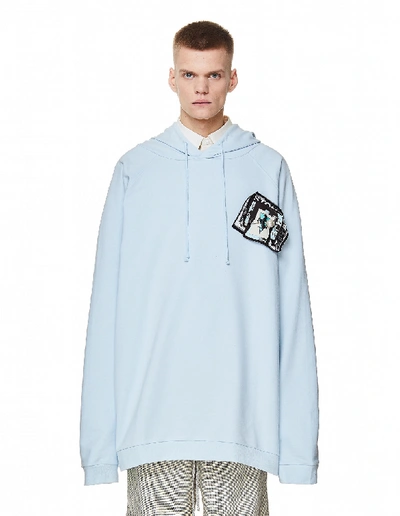 Shop Raf Simons Oversized Cotton Hoodie With Patches And Pins In Blue