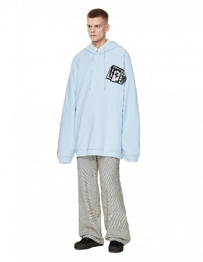 Shop Raf Simons Oversized Cotton Hoodie With Patches And Pins In Blue