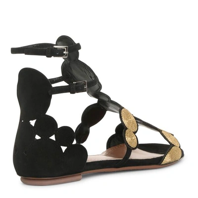 Shop Alaïa Black Suede Gold Raffia Flat Sandals In Black/gold