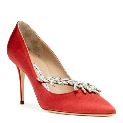 Shop Manolo Blahnik Nadira 90 Red Satin Pumps