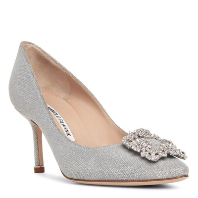 Shop Manolo Blahnik Hangisi 70 Silver Glitter Pumps