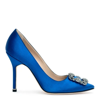 Shop Manolo Blahnik Hangisi 105 Royal Blue Satin Pumps