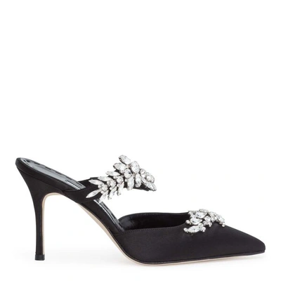 Shop Manolo Blahnik Lurum 90 Satin Black Mules