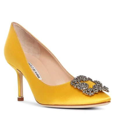 Shop Manolo Blahnik Hangisi 70 Yellow Satin Pumps