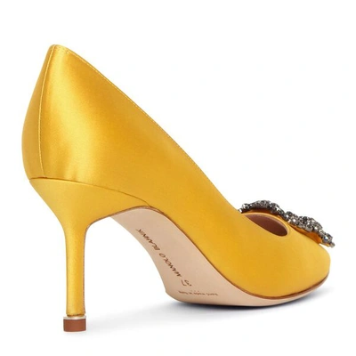 Shop Manolo Blahnik Hangisi 70 Yellow Satin Pumps