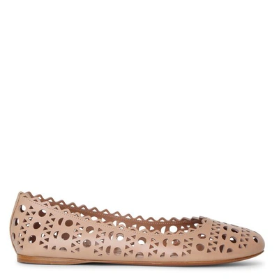 Shop Alaïa Beige Laser Cut Leather Ballet Flat