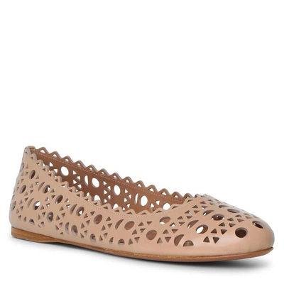 Shop Alaïa Beige Laser Cut Leather Ballet Flat