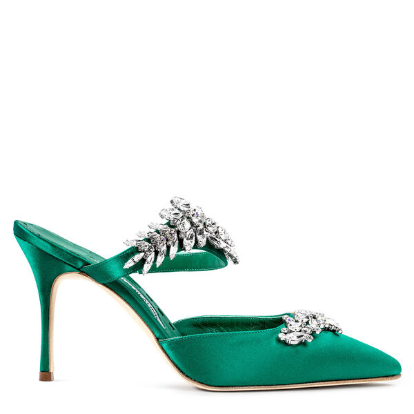 green satin pumps