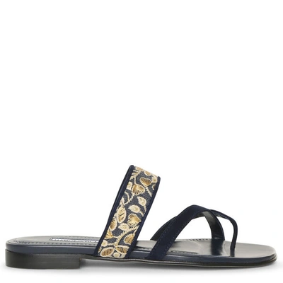 Shop Manolo Blahnik Susaperf Brocade Flat Sandals In Blue/gold