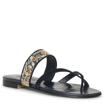 Shop Manolo Blahnik Susaperf Brocade Flat Sandals In Blue/gold