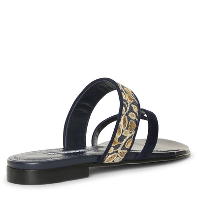 Shop Manolo Blahnik Susaperf Brocade Flat Sandals In Blue/gold