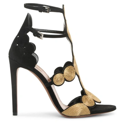 Shop Alaïa Black Suede Gold Raffia 110 Sandals In Black/gold