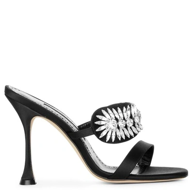 Shop Manolo Blahnik Skysan 105 Black Satin Sandals