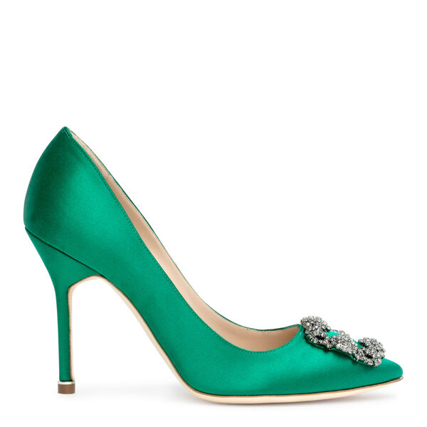 green satin pumps