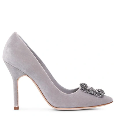 Shop Manolo Blahnik Hangisi 105 Velvet Grey Pumps