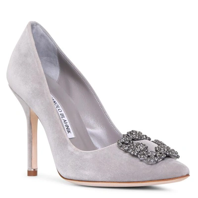 Shop Manolo Blahnik Hangisi 105 Velvet Grey Pumps