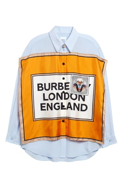 Shop Burberry Montage Logo Print Silk Button-up Shirt In Pale Blue