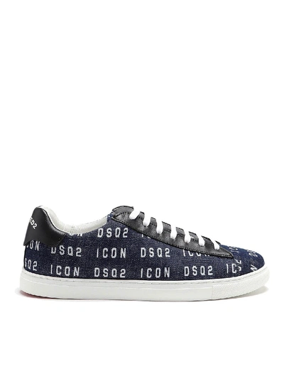 Shop Dsquared2 Leather And Logo Print Denim Low Top Sneakers In Blue