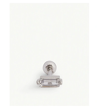 Shop Astrid & Miyu Baguette Rhodium-plated Silver Barbell Earring In Crystal/silver