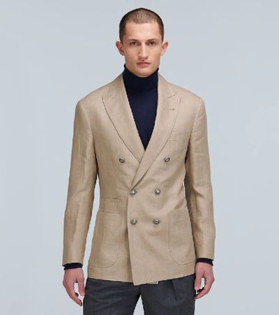 Shop Brunello Cucinelli Linen Double-breasted Blazer In Brown