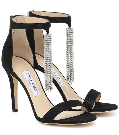 Shop Jimmy Choo Viola 100 Embellished Suede Sandals In Black