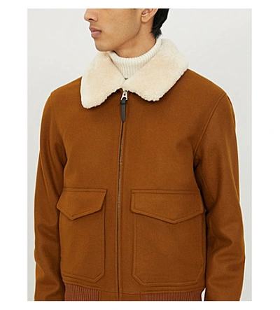 Shop Sandro Aviator Zip-through Shearling Wool-blend Jacket In Bordeaux