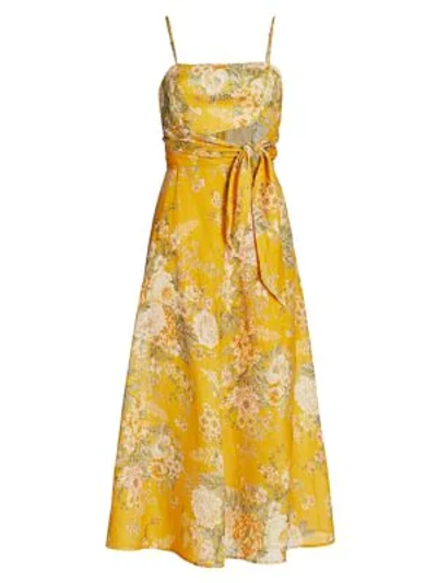 Shop Zimmermann Amelie Floral Tie Linen Midi A-line Dress In Amber Floral