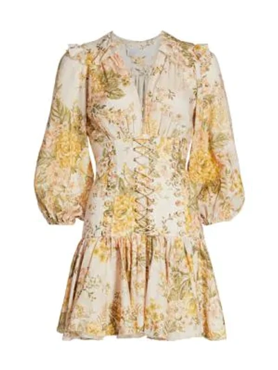 Shop Zimmermann Amelie Floral Puff-sleeve Corset Linen Dress In Peach Floral