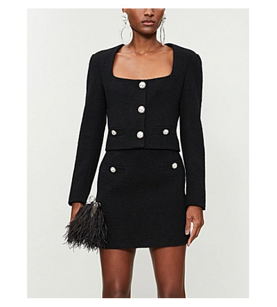 Shop Alessandra Rich Cropped Wool-blend Tweed Jacket In Black